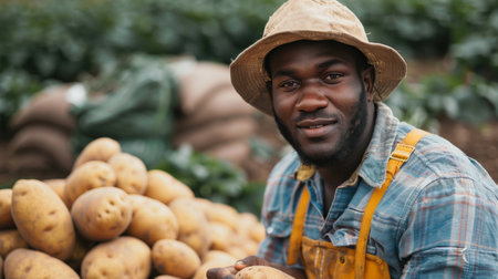 African american balck man farmer harvesting ripe potatos at sunny day. Agriculture and healthy food concept. Generative ai.の素材