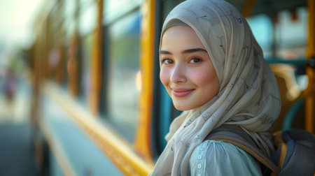 Smiling student muslim teenage girl ready to board school bus next to the school. Islamic education concept for women. Generative ai.の素材