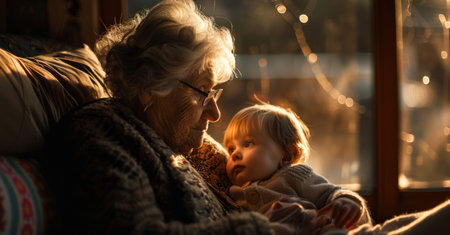Grandmother and child hugging, spending time together at home. Love family, parenthood, childhood concept. Generative ai.の素材