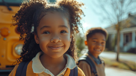 Smiling elementary student african american girl and boy ready to board school bus next to the school. Back to school concept. Generative ai.の素材