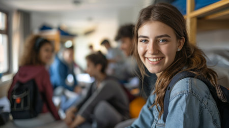 Happy college students in student dormitory. Different ethnicities university students moving at dorm, many luggage, bags near. Generative ai.の素材