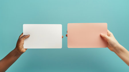 Hands of multiracial toung men holding blank empty paper card on light blue pink background. Copy space. Generative ai.の素材