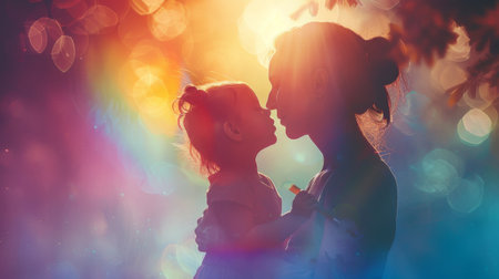 Happy mother and little child painting the colorful rainbow and blue sky. International Children's Day, Mother's Day, love family, parenthood, childhood concept. Generative ai.の素材