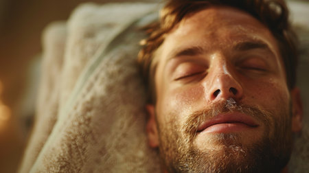 Young man lay with closed eyes and relaxing in spa salon. Candle and flower blossoms near. Concept of health, relax, self care and me time. Generative ai.の素材