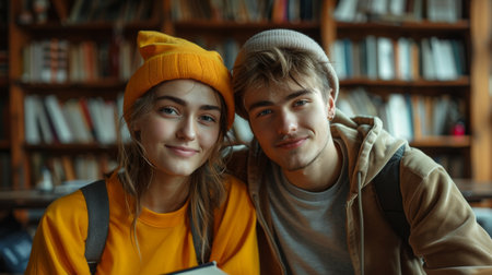 Happy optimistic young man and woman students learning at campus, sitting with books in library. Education cincept. Generative ai.の素材