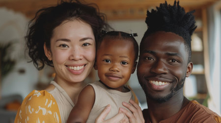 Happy smiling diverse family, multicultural multiracial adult couple, Asian woman and African man with little child. The concept of mixed marriage and family. Generative ai.の素材