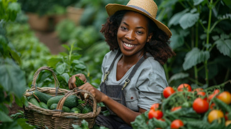 Happy african american farm woman worker harvesting raw veggies on the farm at sunny summer day. Farm to table abundance concept. Generative ai.の素材
