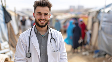 Young man volunteer doctor in refugee camp, providing critical healthcare and support amidst a humanitarian tragedy. Generative ai.の素材