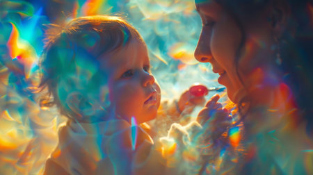 Happy mother and child hugging each other. Tender Moment between Mother and Baby in Colorful Light. Happy Mothers Day concept. Generative ai.の素材