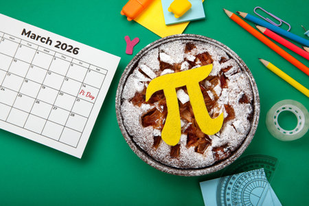 Baked apple pie with Pi Symbol and stationery, green background. March 14th (3/14). Mathematical constant.の写真素材