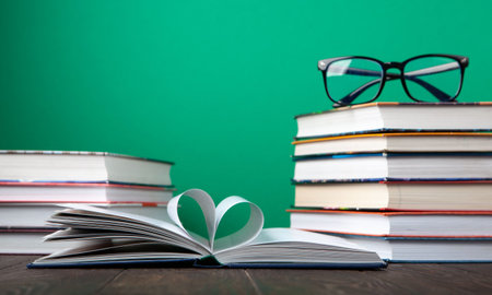 World Book and Copyright Day education concept with stacked books, reading glasses. Intellectual...