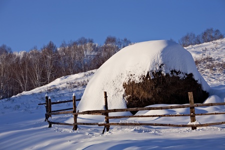 Snow-covered hayrick with a wooden fenceの写真素材