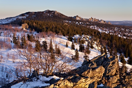Winter landscape at sunset, Urals, Russiaの写真素材