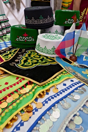 Tatar and Bashkir traditional hats and banners of Russia and Bashkortostanのeditorial素材