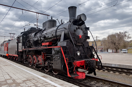 MAGNITOGORSK, RUSSIA - May 04: Vintage steam train on parade in honor of Victory day of WW2 in Magnitogorsk, Russia on May 04, 2017のeditorial素材