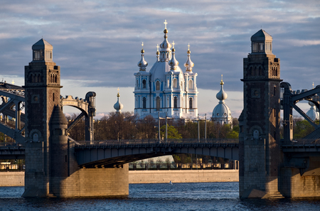 Smolny cathedral and Bolsheokhtinsky Bridge in Saint-Petersburg, Russiaの写真素材