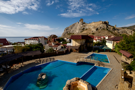 SUDAK, CRIMEA - October 08: Swimming pool of Bastion hotel in Sudak, Crimea on October 08, 2017のeditorial素材