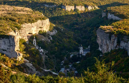 Aerial view of Bakhchisaray Cave Monastery, Crimeaの写真素材