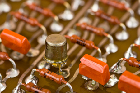 Vintage electronic components on printed circuit boardの写真素材