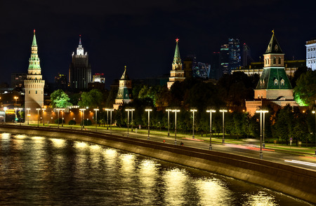Night scene with Kremlin and Skyscrapers in Moscow, Russiaのeditorial素材
