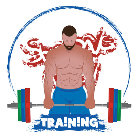 The man holds a barbell. Mighty man Bodybuilding. Force and power. Strongman. Vector color illustration.のイラスト素材