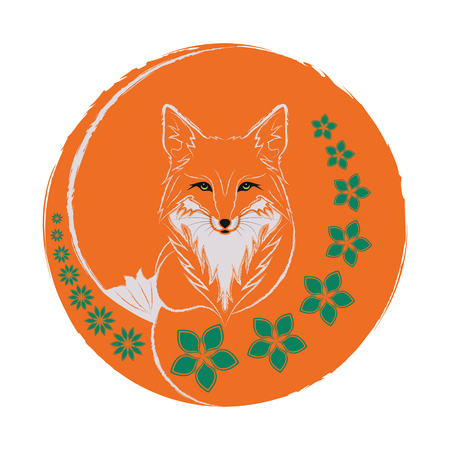 Vector illustration of a red fox with flowers on white background. Vector color illustration.のイラスト素材