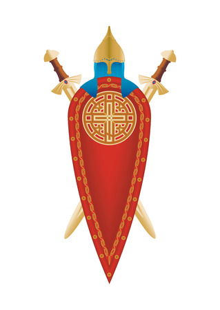 Two swords and peaked helmet. Vector illustration.のイラスト素材