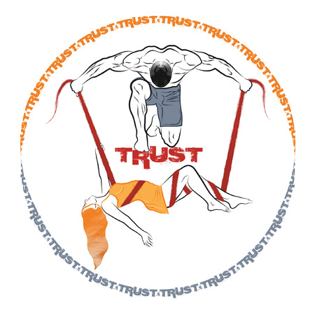 The strong man holds the graceful girl on a gymnastic safety belt. Vector color illustration.のイラスト素材