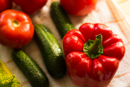 fresh vegetables on a table close-up.の写真素材