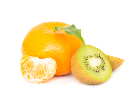 Fresh tangerine with kiwi close-up isolated on white background.の写真素材