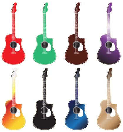 set of colored acoustic guitars arranged in 2 rows.のイラスト素材