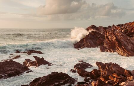 coastal cliffs by the ocean with waves. sunset
