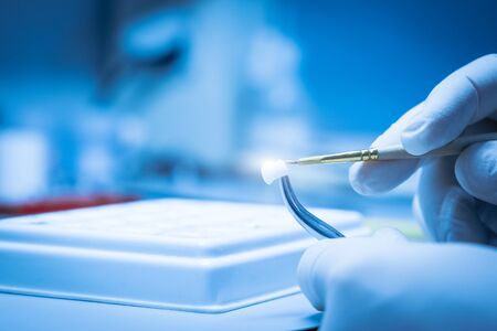 A dental technician makes a dental crown. laboratory. close-upの写真素材