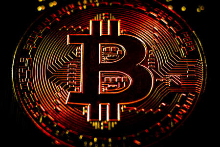 gold coin bitcoin. close-up. Black background. macroの写真素材