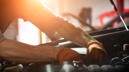auto mechanic repairs car engine. car service. close-up.の写真素材