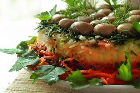 Potato lettuce with mushrooms, carrot and beetの写真素材