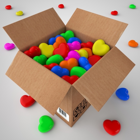 3d illustration cardboard box filled with heartsの写真素材