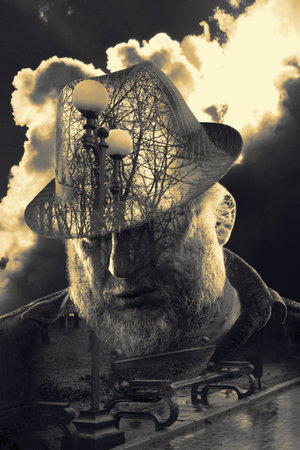 Double exposure. Collage from the man and avenue in park. Toningの写真素材