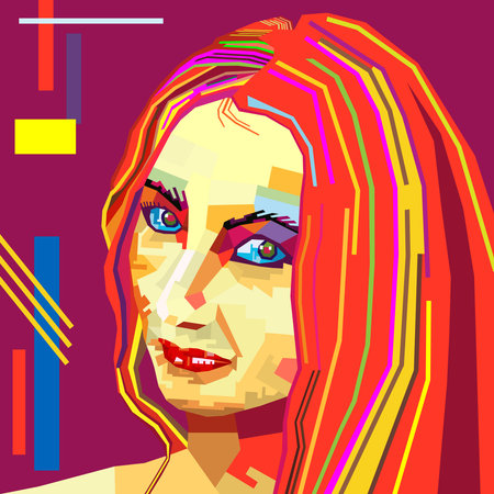 Polygonal geometric full face portrait of girl in WPAP style. Color vector illustrationのイラスト素材