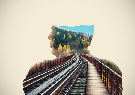 Railway bridge on the background behind the man. Collage. Double exposureの写真素材