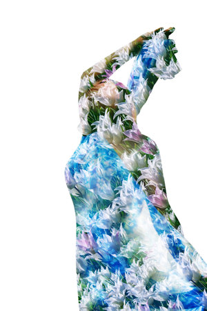 Woman in white tulips. Collage. Double exposureの写真素材