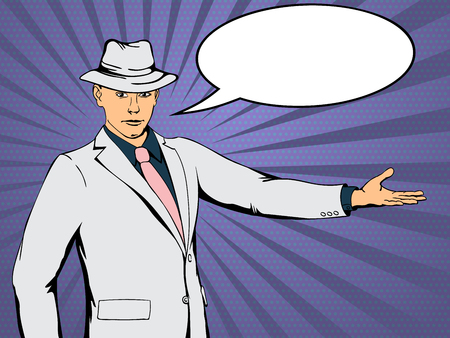 Confident businessman indicates direction. Retro style pop art. Vector illustrationのイラスト素材