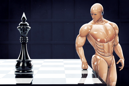 Conversation of the cyborg with the black king behind the chessboard. 3d rendering illustrationの写真素材