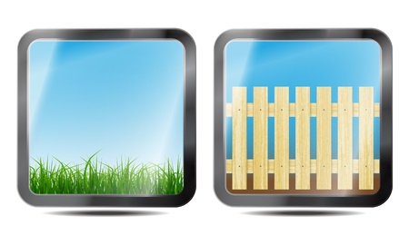 new set of modern buttons with green grass and wooden fenceのイラスト素材