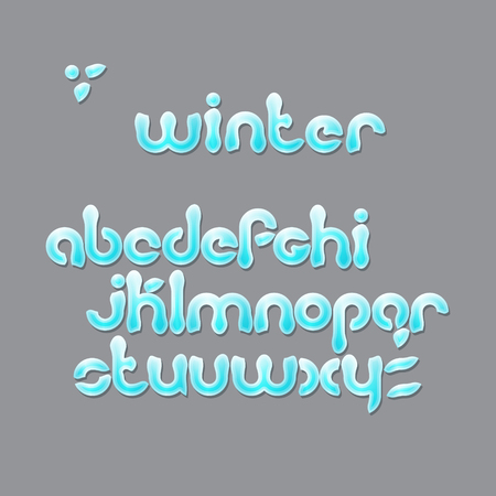 winter season, cartoon style alphabet letters. Christmas, snowy font type isolated on gray background. vector festive text designのイラスト素材