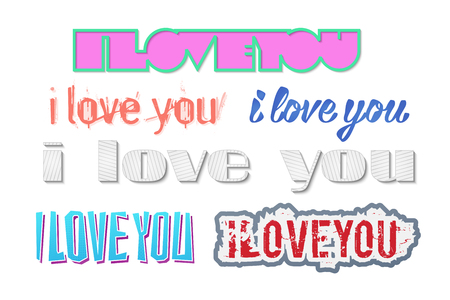 set of colorful stickers with i love you inscription isolated on white background. vector lovely Valentines day letteringのイラスト素材
