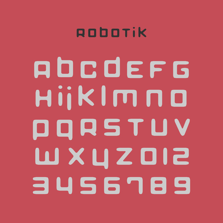 set of stylized, alphabet letters and numbers isolated on red background. vector contemporary, bold font typeのイラスト素材