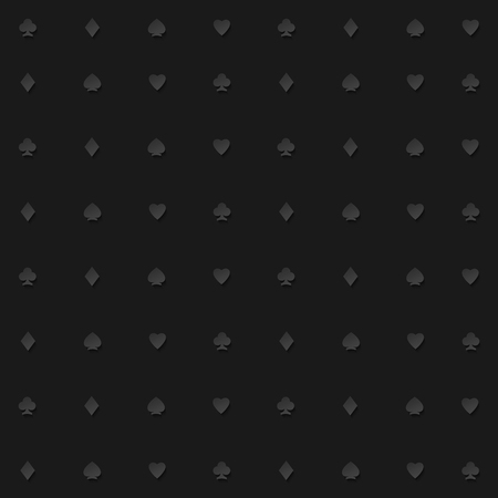 seamless pattern of playing card suits on black backdrop. vector background design. hearts, spades, diamonds and clubs symbol. casino and poker rooms wallpaperのイラスト素材