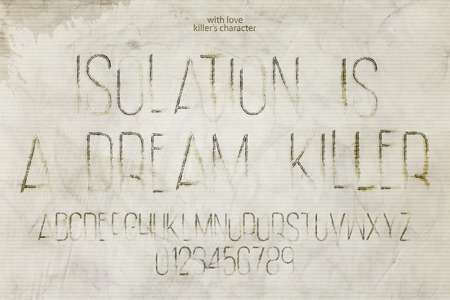 set of murderer style alphabet letters and numbers over grunge background. vector, assassin font type design. killer sloppy characters collection. thriller movie typesetting template and messy cement wall textureのイラスト素材