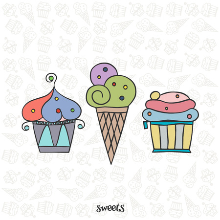 set of hand drawn ice cream icons over pastry shop seamless pattern. vector ice cream cone and cupcakes logo. vintage style bakery desserts and cakes decoration elements. birthday party banner designのイラスト素材